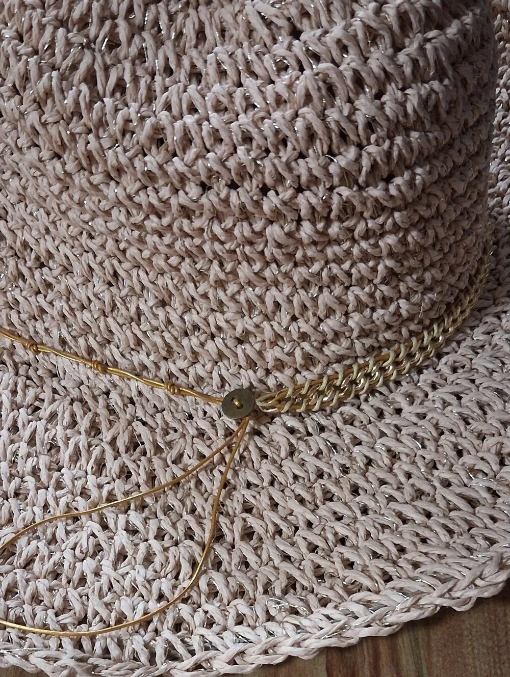 Able Beige Crochet Fedora with Gold Chain Trim